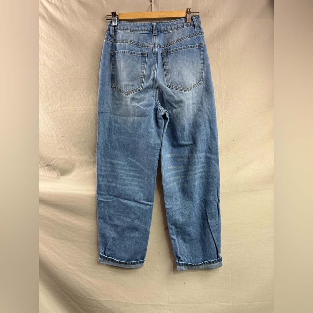 LAST ONE 🔥 Distressed Embroidered High Waist Mom Ankle Jeans Blue - Picture 7 of 9